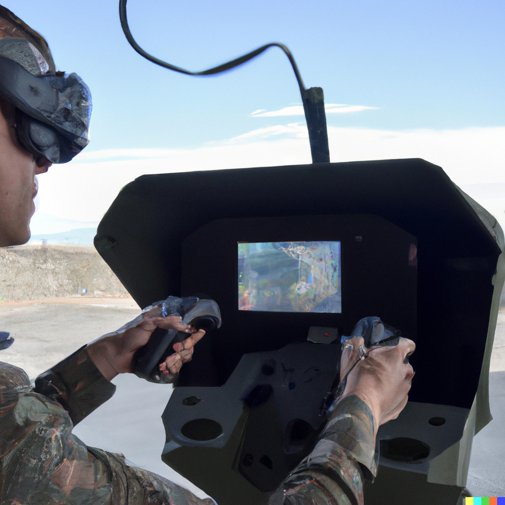 Dall e rendering: A soldier using a VR headset to pilot a helicopter